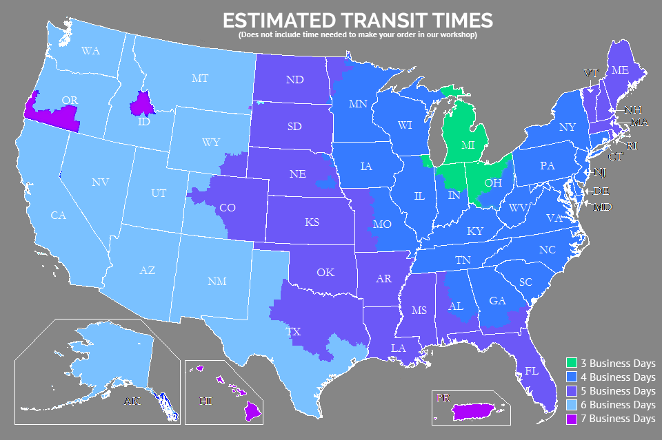 Estimated shipping transit times across the United States